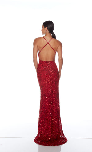 Elegant red formal gown: Hand-beaded, V neckline, spaghetti straps, strappy back, and intricate design plus fringe accents for an chic and sophisticated look.