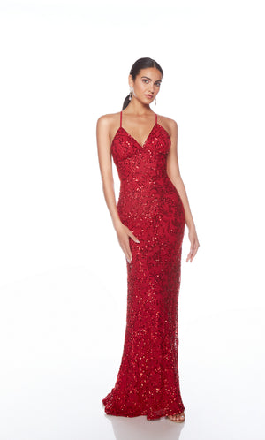 Elegant red formal gown: Hand-beaded, V neckline, spaghetti straps, strappy back, and intricate design plus fringe accents for an chic and sophisticated look.