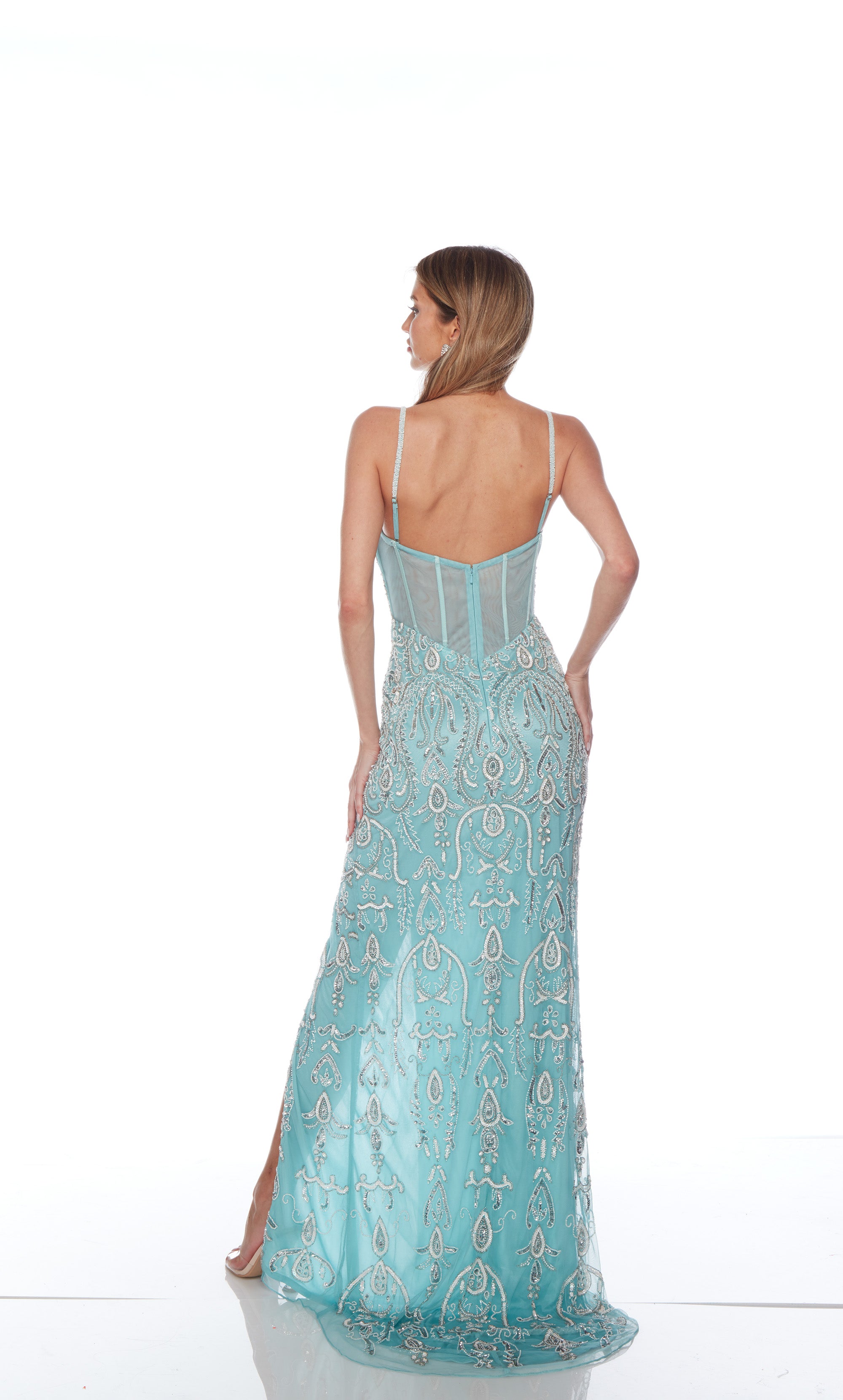 Stunning blue-silver hand-beaded formal dress: Plunging neckline, slit, adjustable straps, and an graceful train for an sophisticated look.