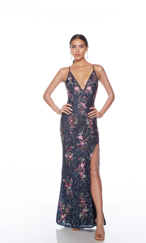 Gorgeous navy-multi hand-beaded gown: V neckline, slit, adjustable straps, and intricate floral designs for an beautiful and elegant look.