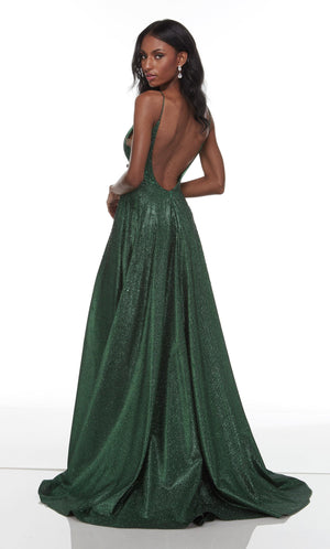 Formal Dress: 1728. Long Glitter Dress, Plunging Neckline, A-line Alyce Paris