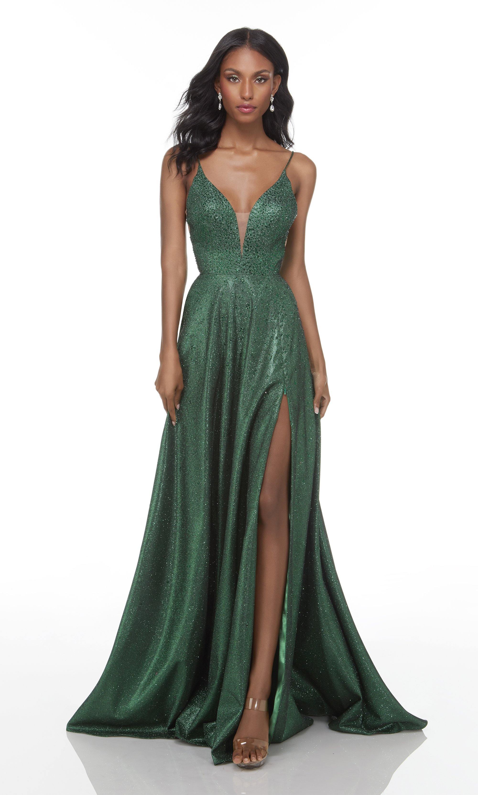 Formal Dress: 1728. Long Glitter Dress, Plunging Neckline, A-line