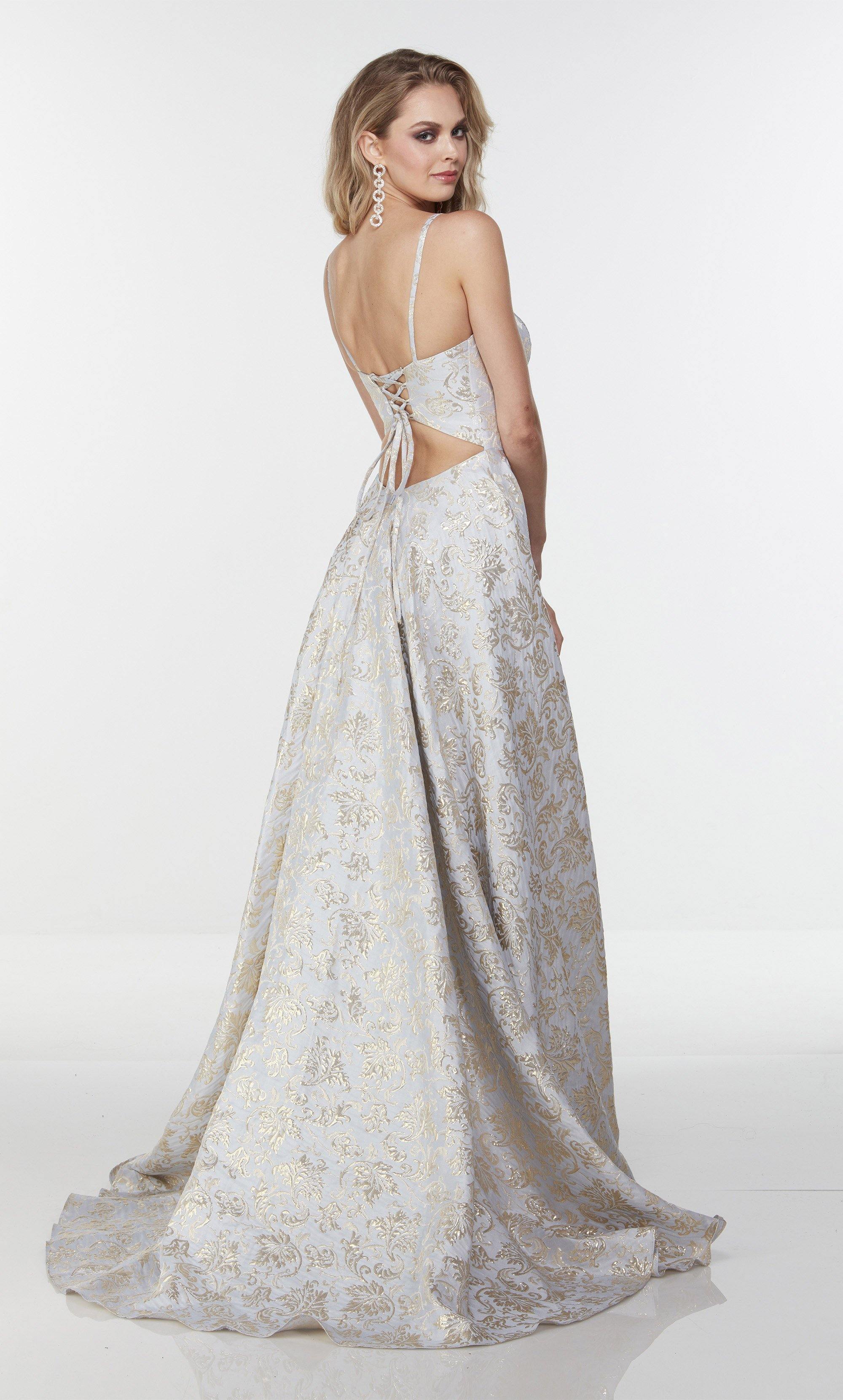 Formal Dress: 1735. Long Jacquard Dress, Plunging Neckline, A-line