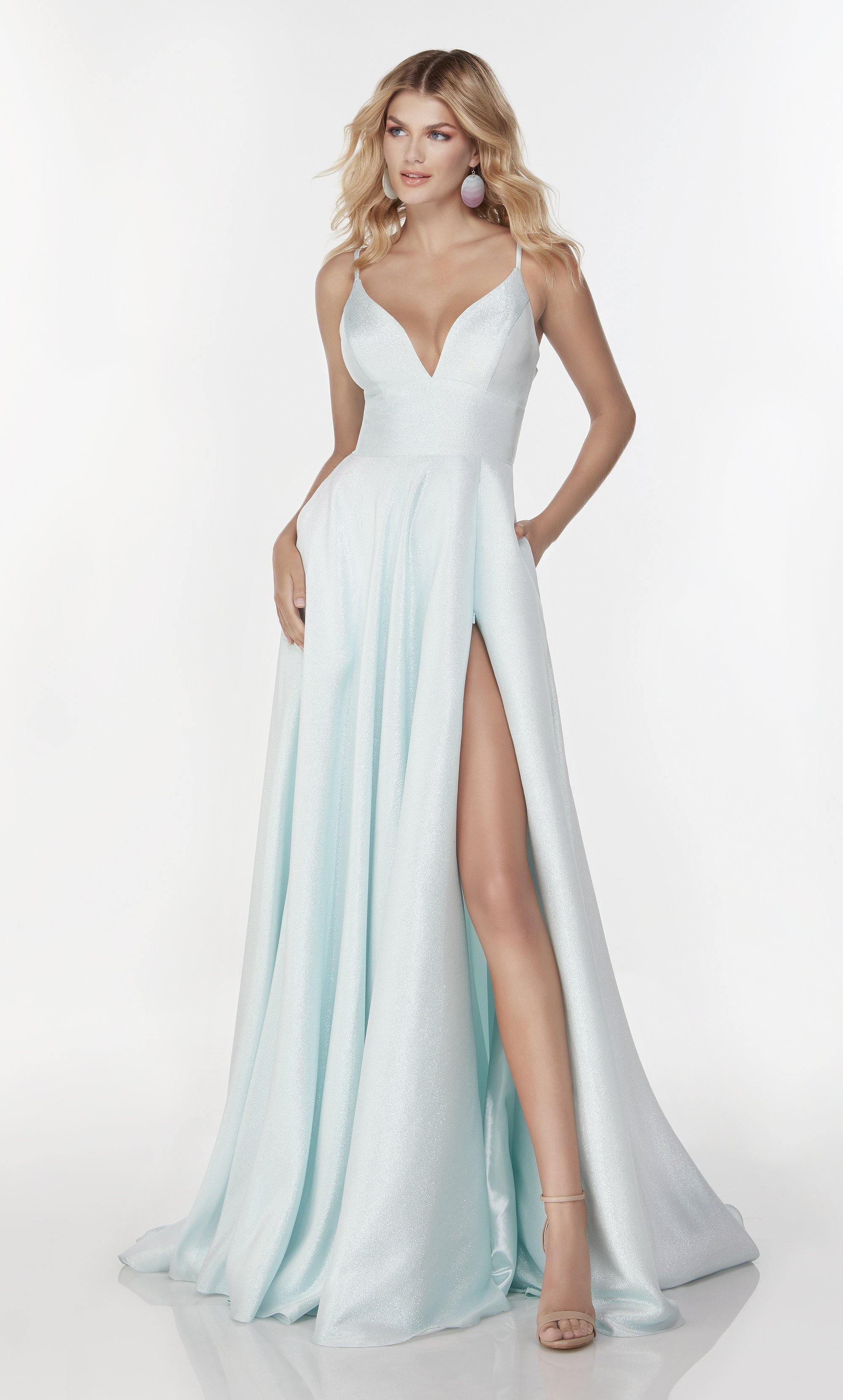 High neck line and low back evening dress