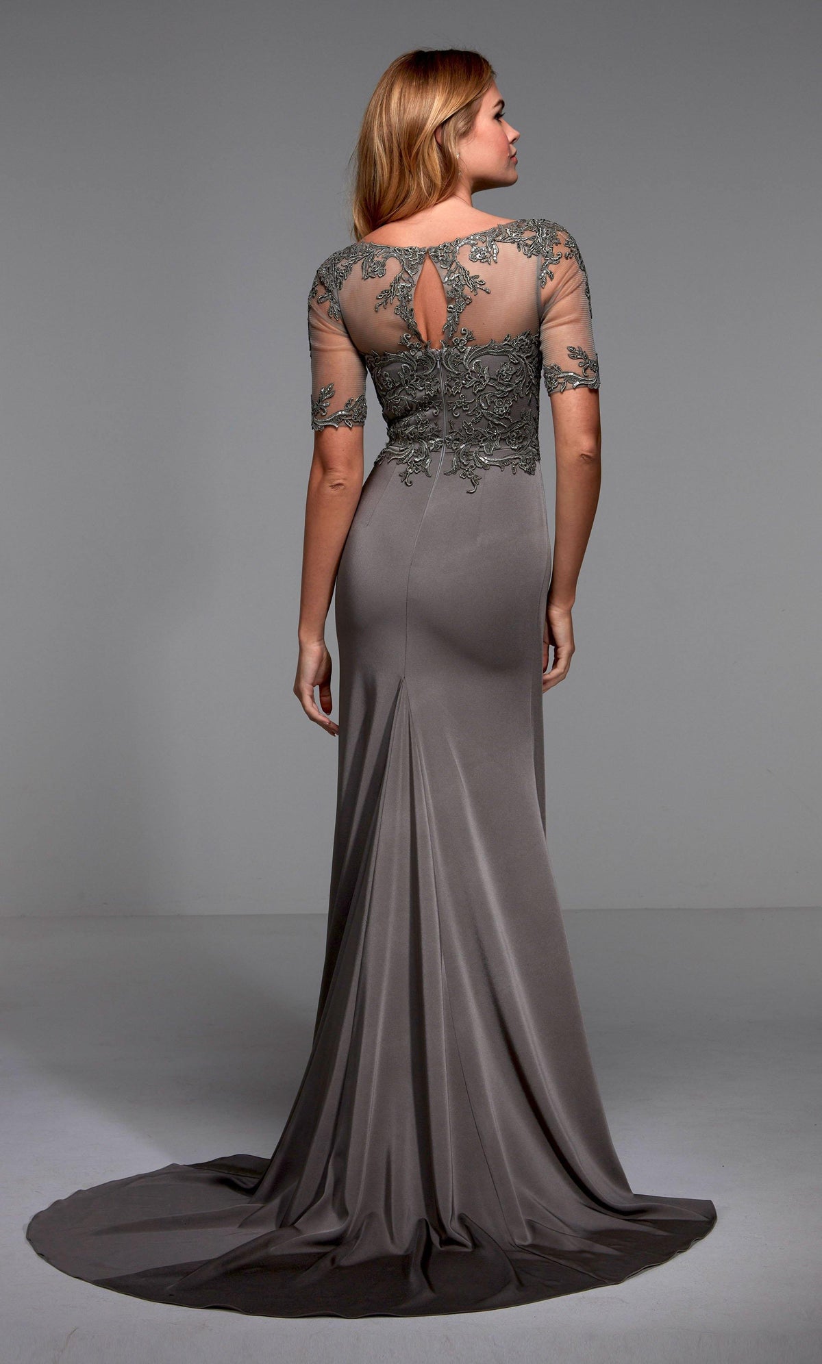 Formal Dress: 27477. Long Crepe Dress, Illusion Neckline, Straight Alyce Paris