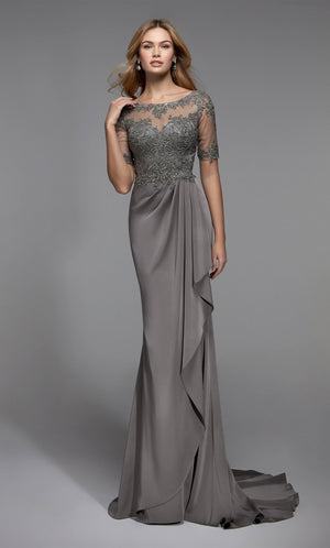 Formal Dress: 27477. Long Crepe Dress, Illusion Neckline, Straight Alyce Paris