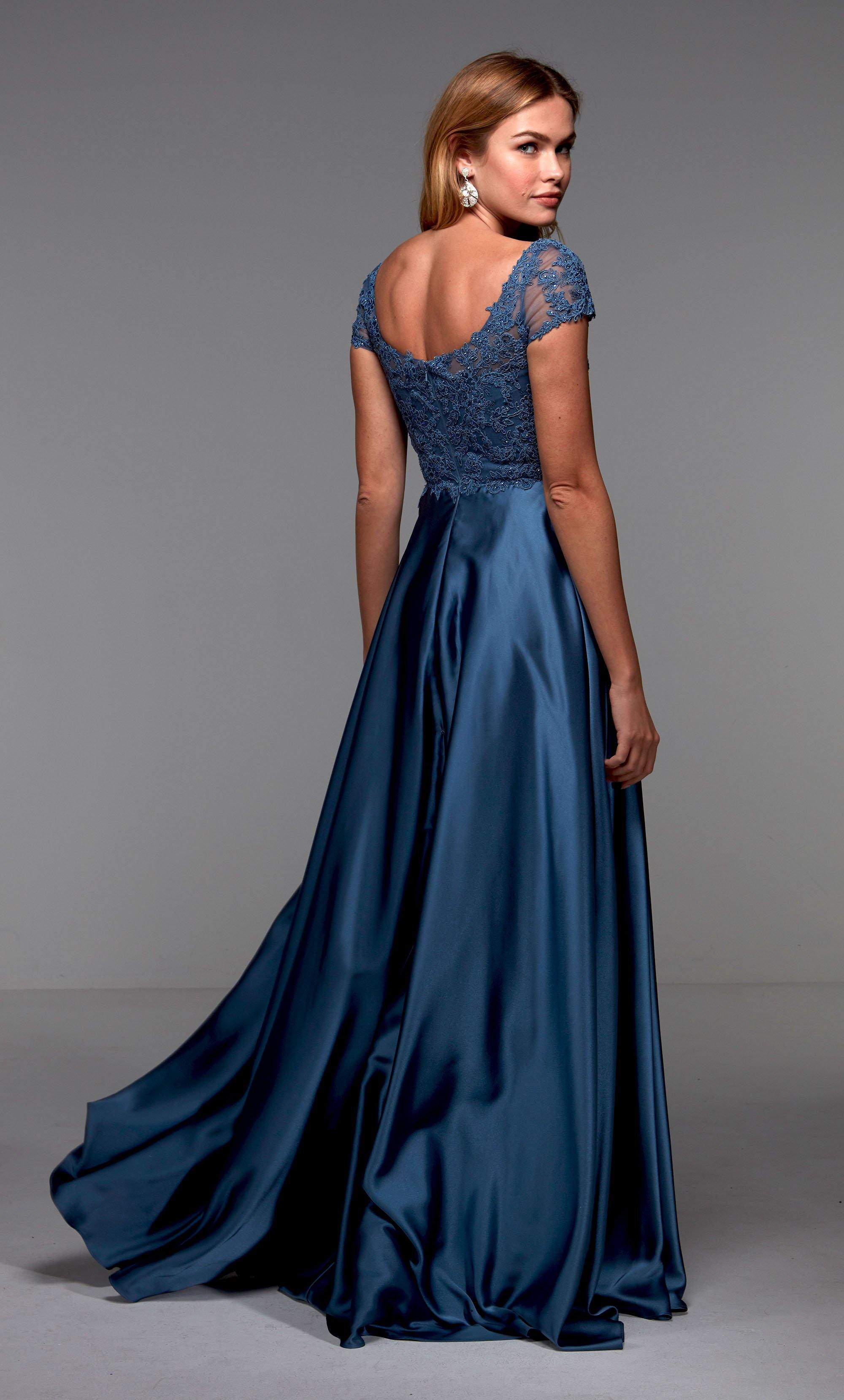 Blue satin evening dress with a scoop neck, short sleeves, and lace bodice