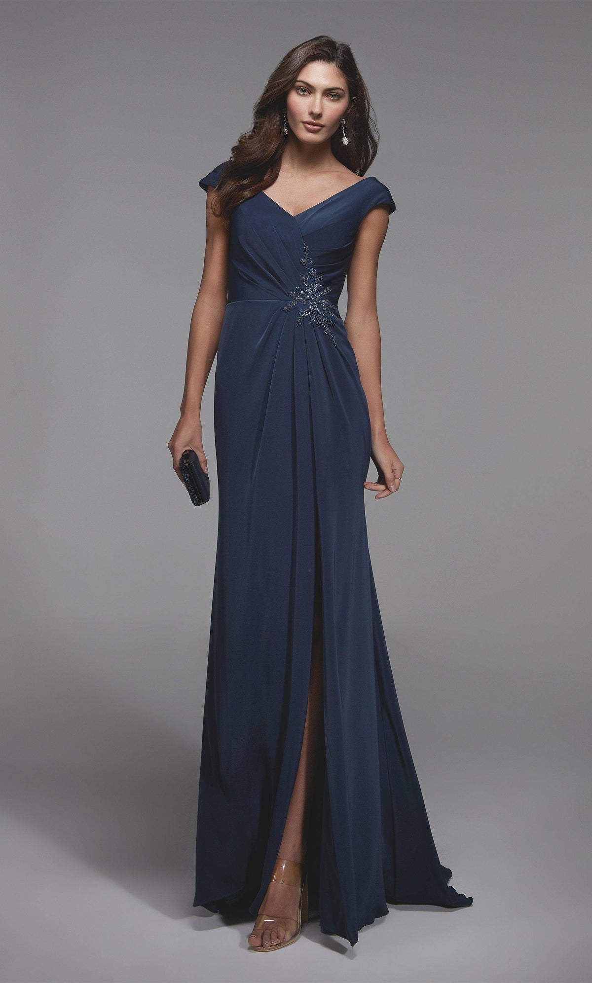 Formal Dress: 27508. Long Ruched Dress, V-neck, Straight Alyce Paris