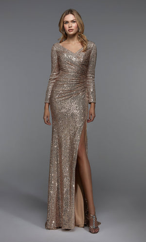 Formal Dress: 27523. Long Ruched Dress, V-neck, Straight Alyce Paris