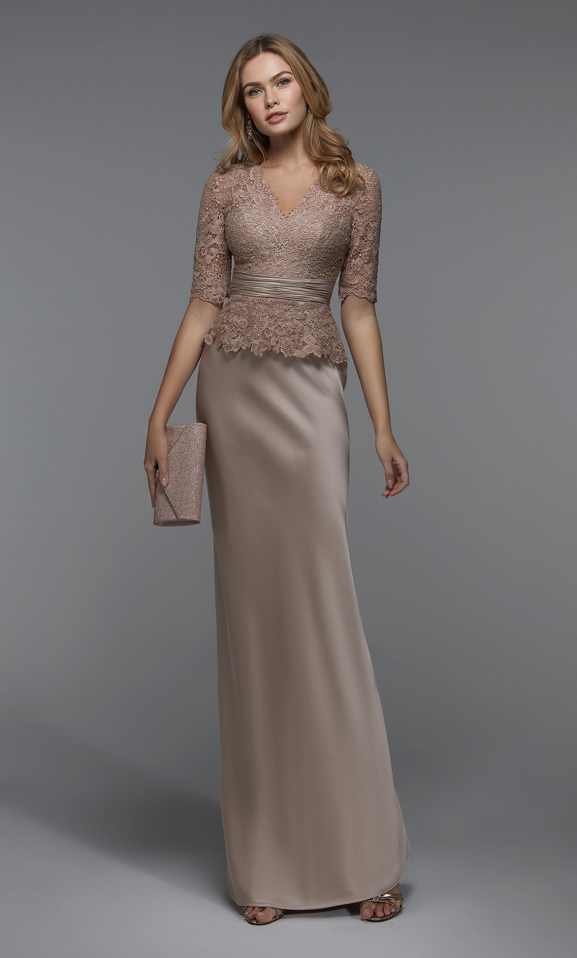 Formal Dress: 27527. Long Peplum Dress, Illusion Neckline, Straight