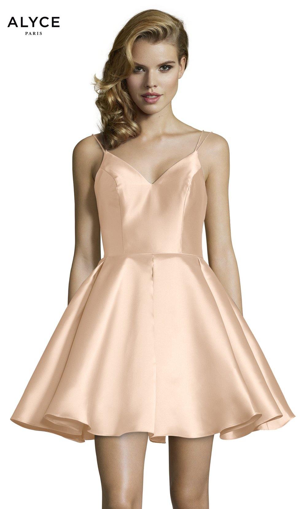 Short rose gold party dress with a v neckline, pockets, and a mikado fabrication. SWATCH_3764__ROSE-GOLD