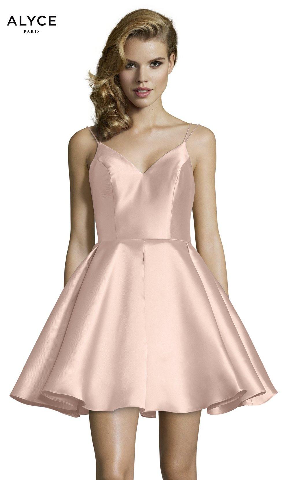 Short french pink party dress with a v neckline, pockets, and a mikado fabrication. SWATCH_3764__FRENCH-PINK