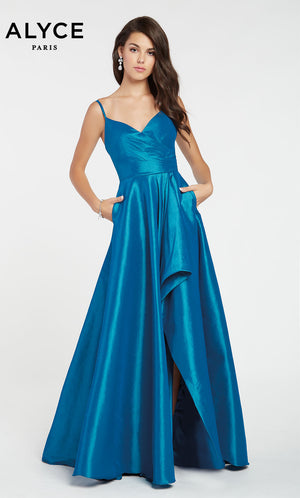 Peacock colored high low prom dress with a sweetheart neckline, pockets, and a stretch taffeta fabrication. SWATCH_60094__PEACOCK