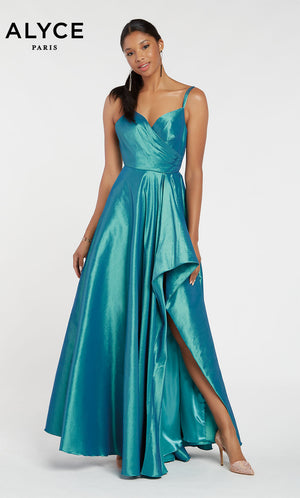 Blue-Green high low prom dress with a sweetheart neckline, pockets, and a stretch taffeta fabrication. SWATCH_60094__CHAMELEON