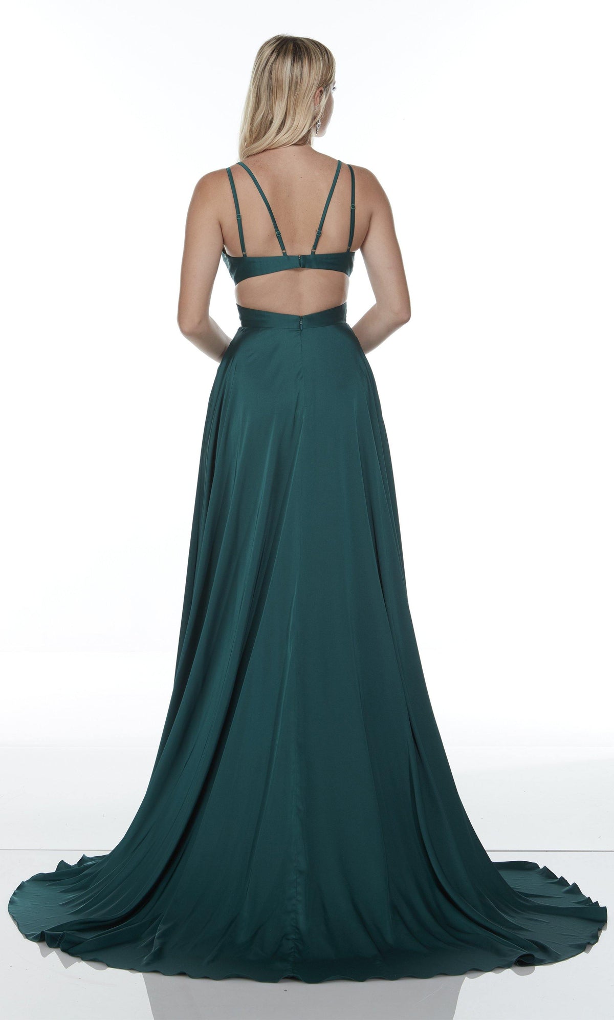 Green satin prom dress with a strappy open back and a train