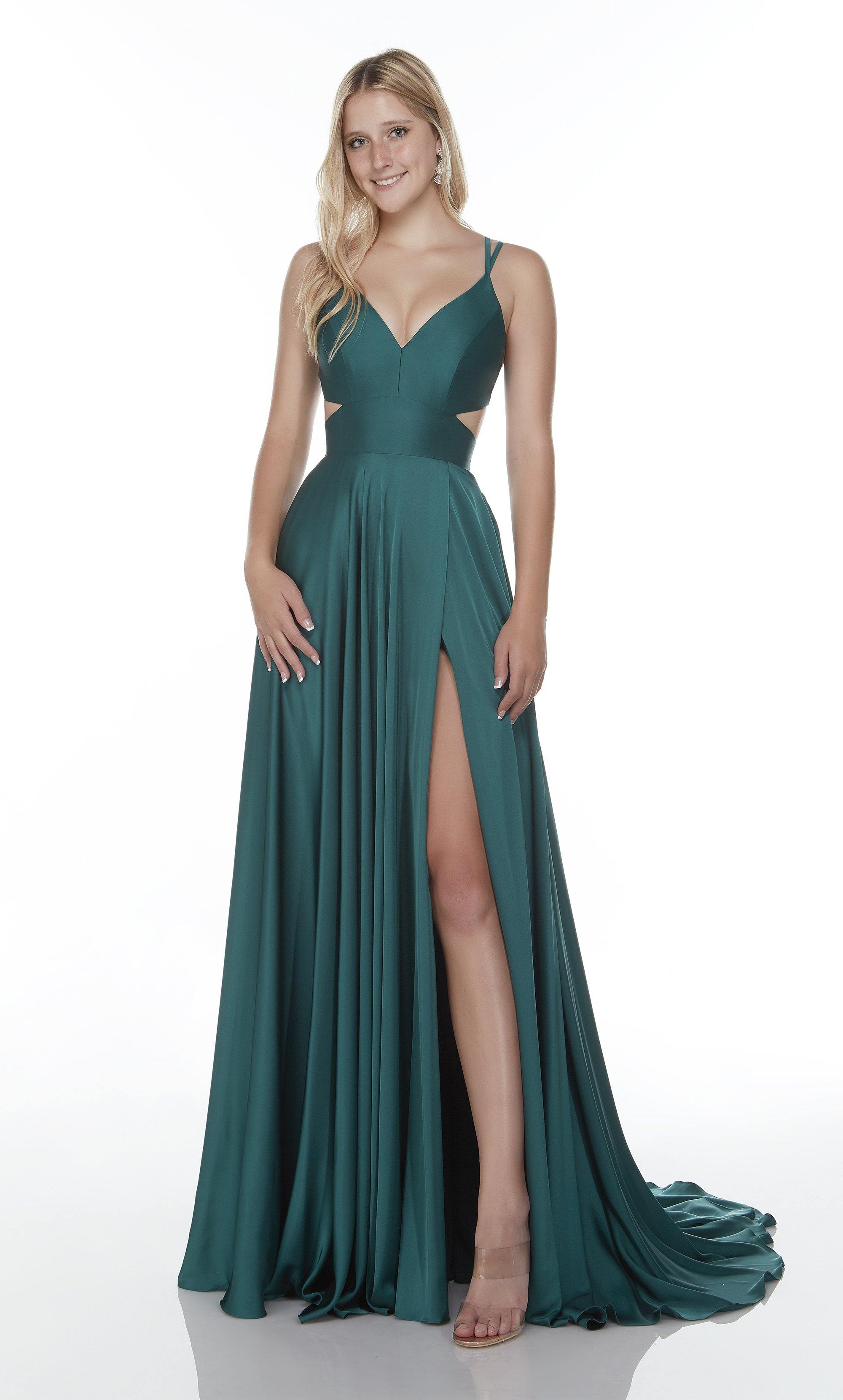 Flowy satin prom dress with a V-neckline, side cutouts, and high side slit.