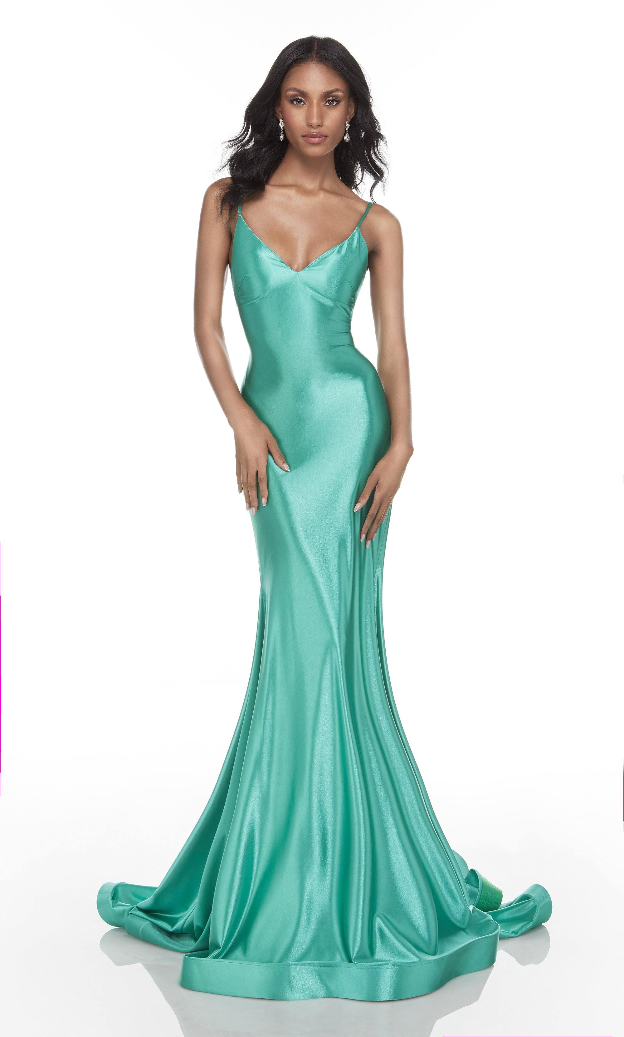 Formal Dress: 61169. Long Slinky Dress, V-neck, Fit N Flare