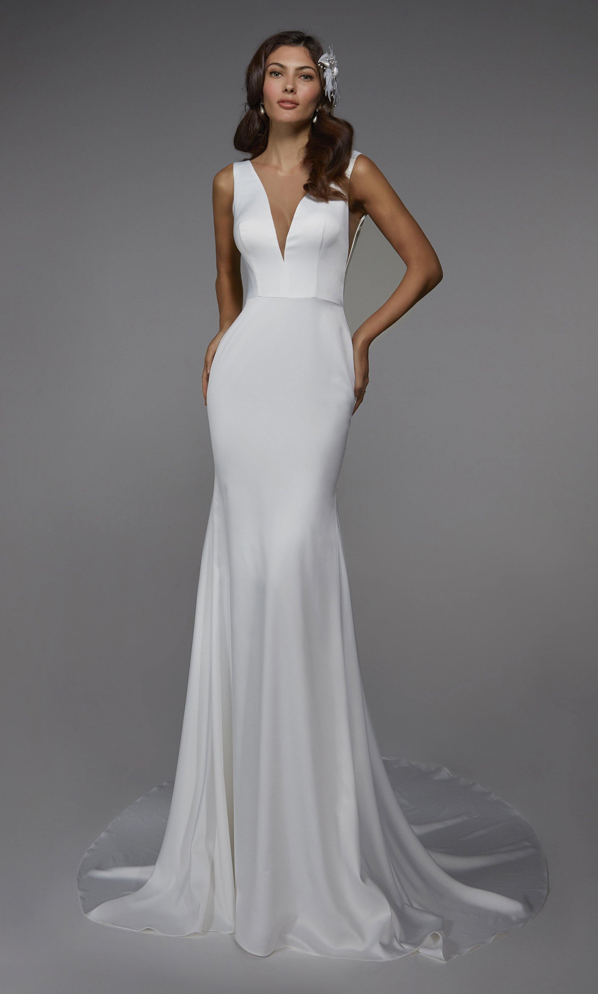 Formal Dress: 7029. Long Wedding Dress, Plunging Neckline, Fit N Flare
