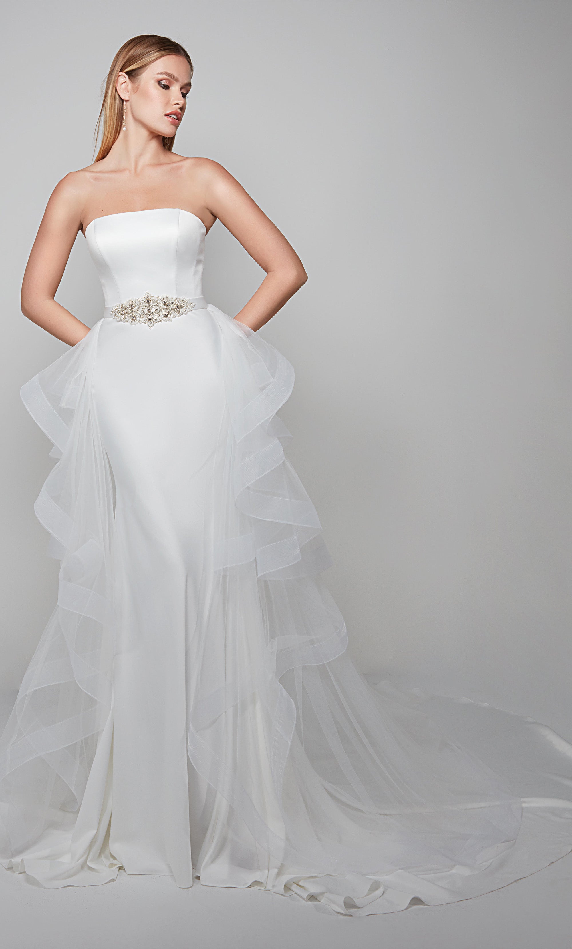 Elegant long pencil ivory satin column gown with detachable tulle train