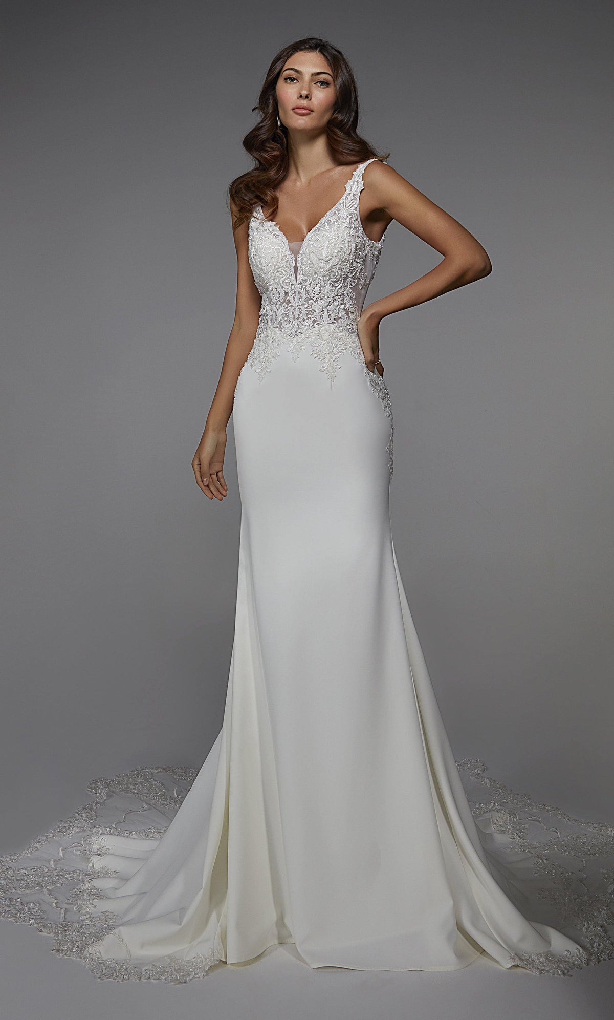 Formal Dress: 7027. Long Wedding Dress, Plunging Neckline, Fit N Flare Alyce Paris