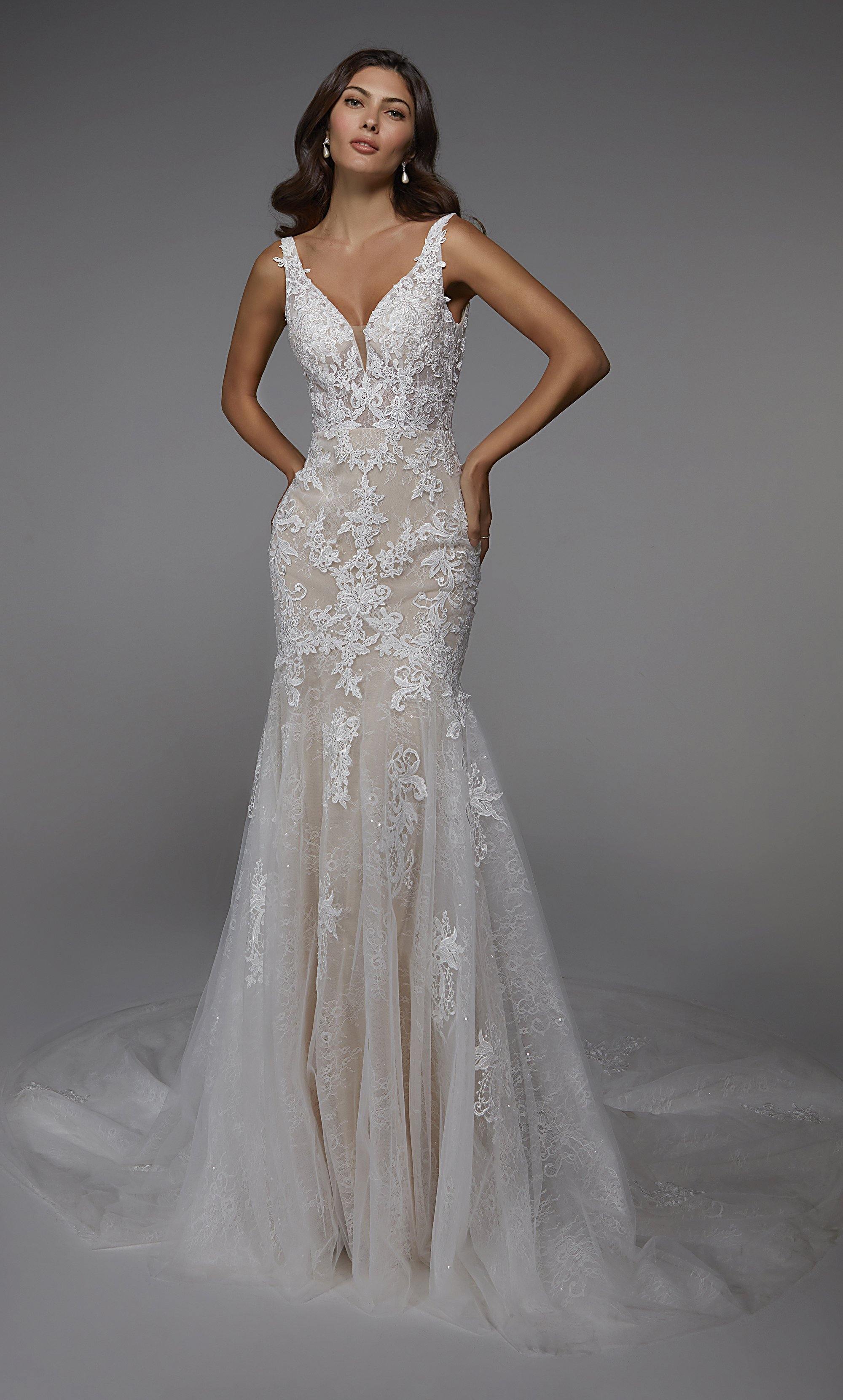 Formal Dress: 7029. Long Wedding Dress, Plunging Neckline, Fit N Flare Alyce Paris
