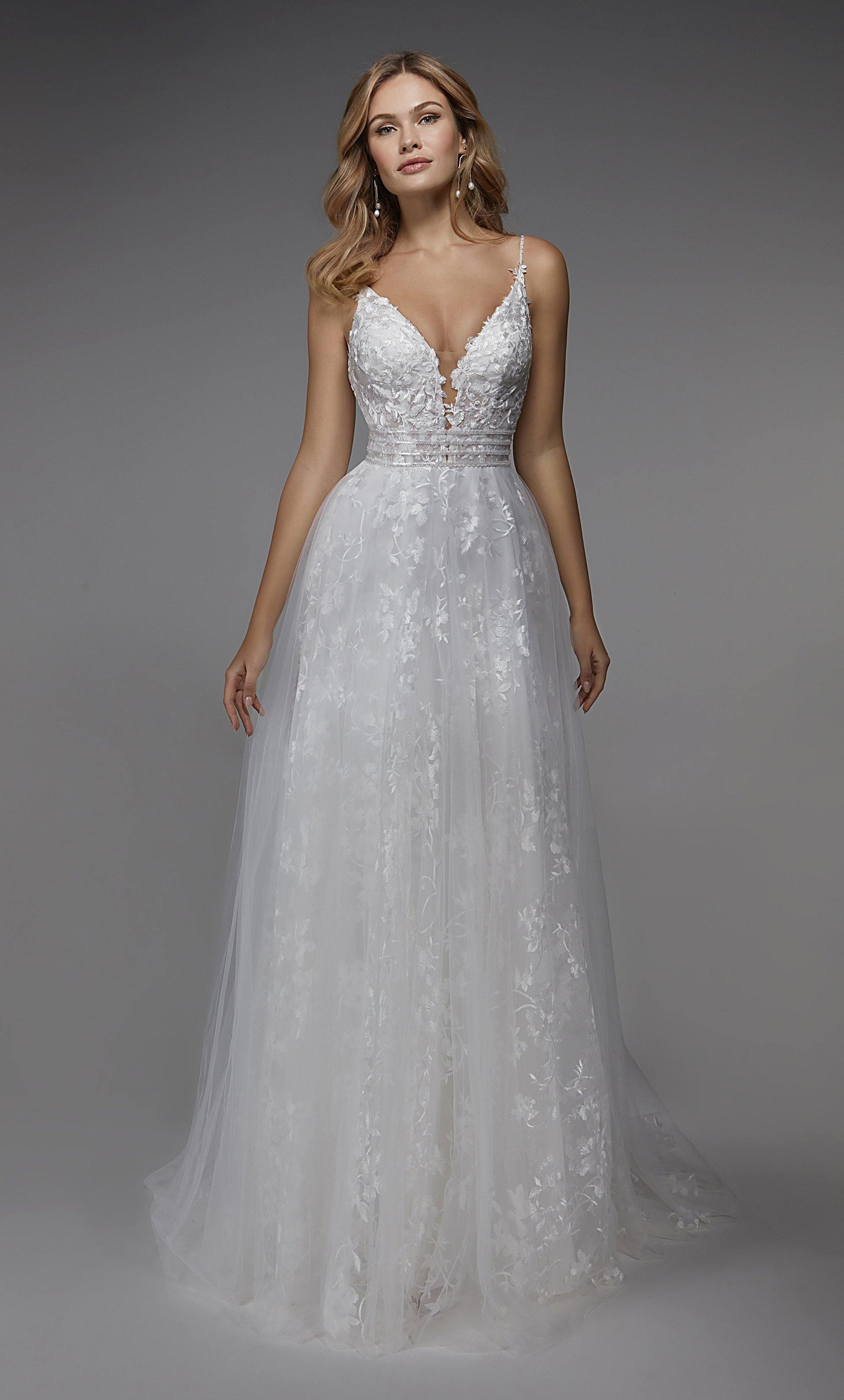 Formal Dress: 7036. Long Wedding Dress, Plunging Neckline, A-line