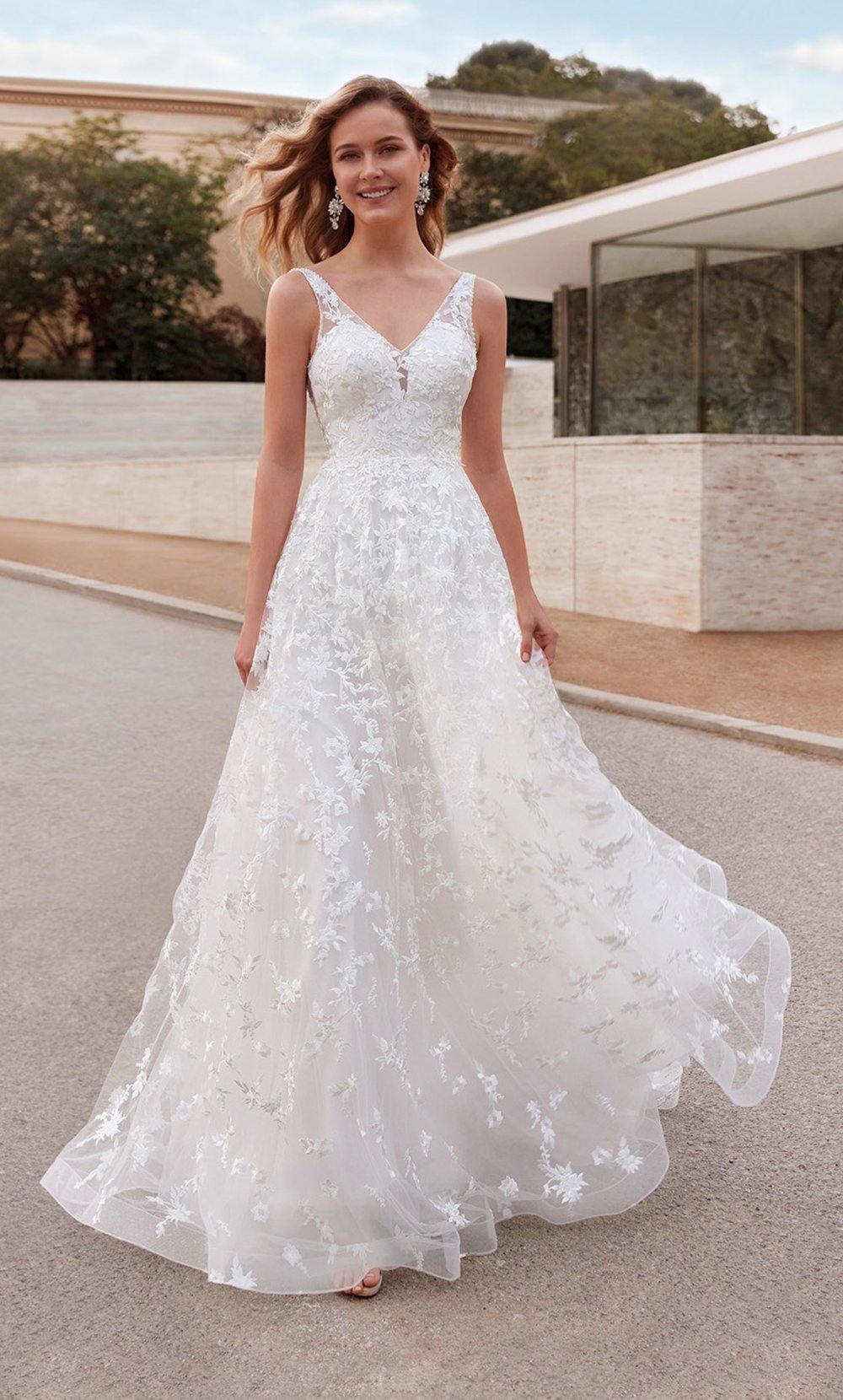 Formal Dress: 7037. Long Bridal Gown, V-neck, A-line, Low V Back