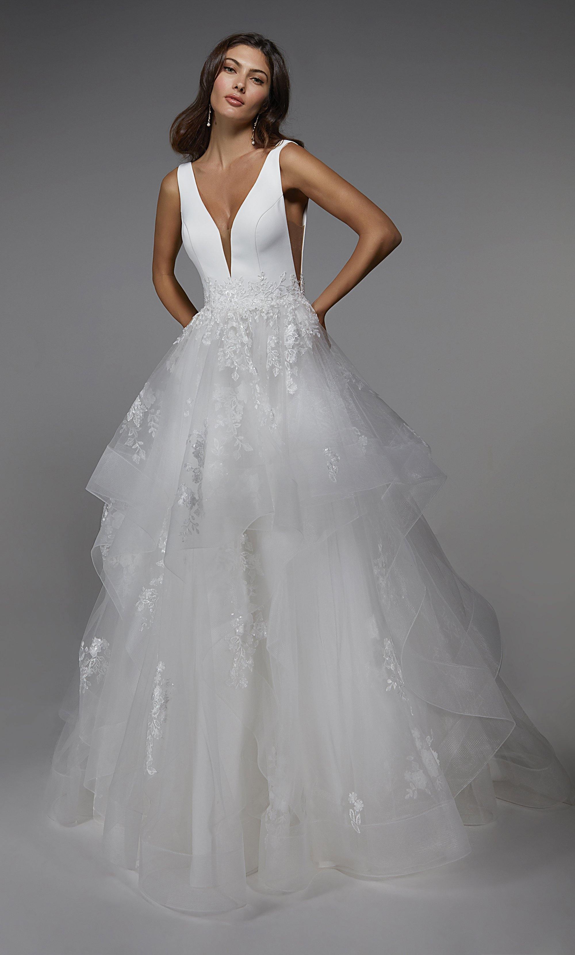 Formal Dress: 7040. Long Bridal Gown, Plunging Neckline, Ball Gown