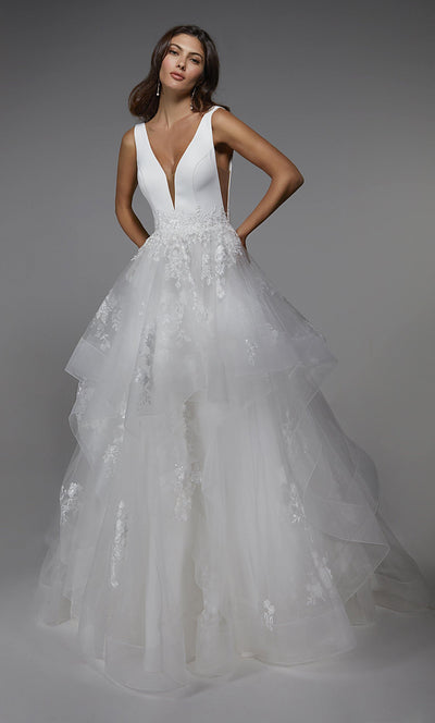 Formal Dress: 7040. Long Bridal Gown, Plunging Neckline, Ball Gown ...