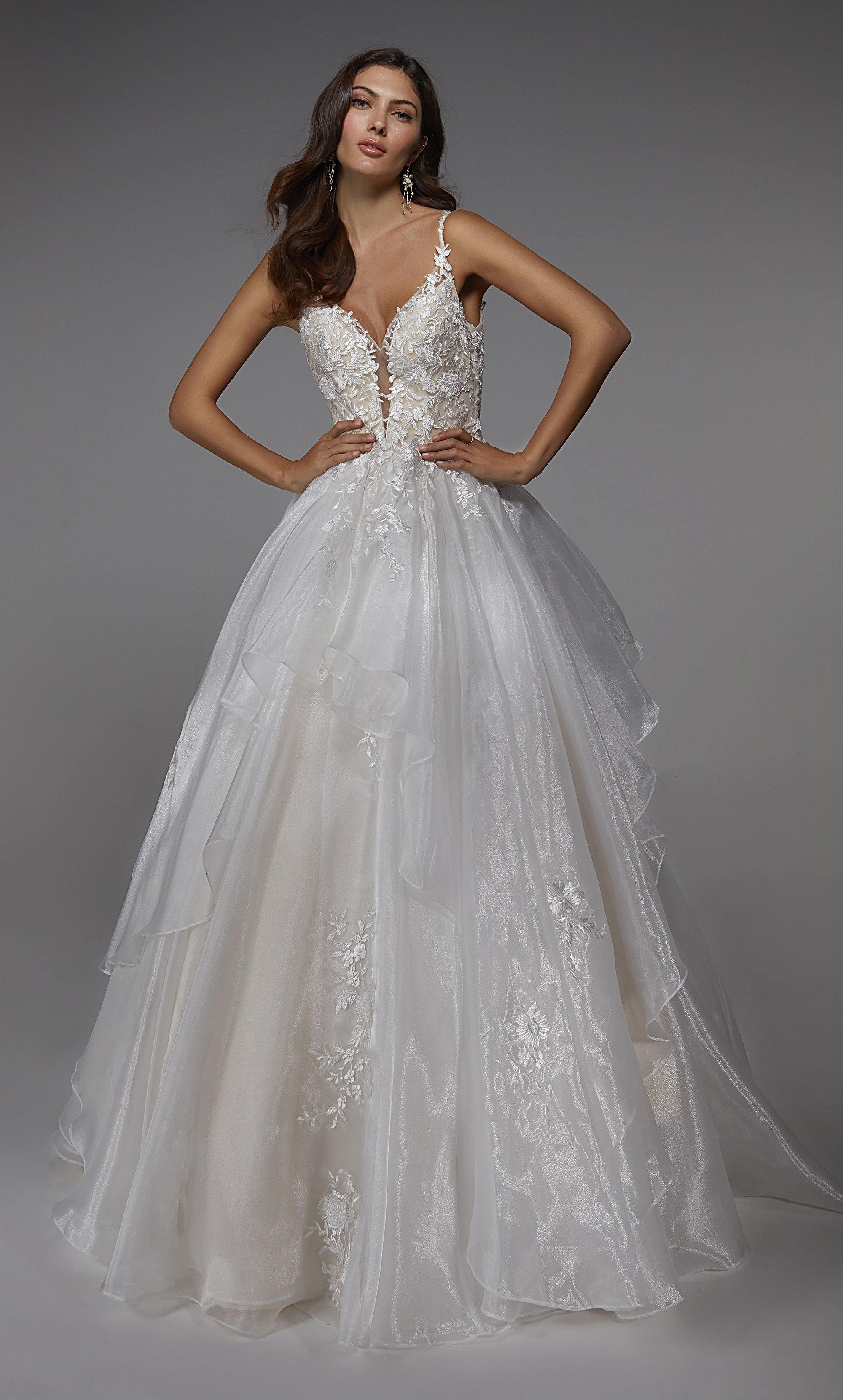 Formal Dress: 7047. Long Bridal Gown, Plunging Neckline, Ball Gown