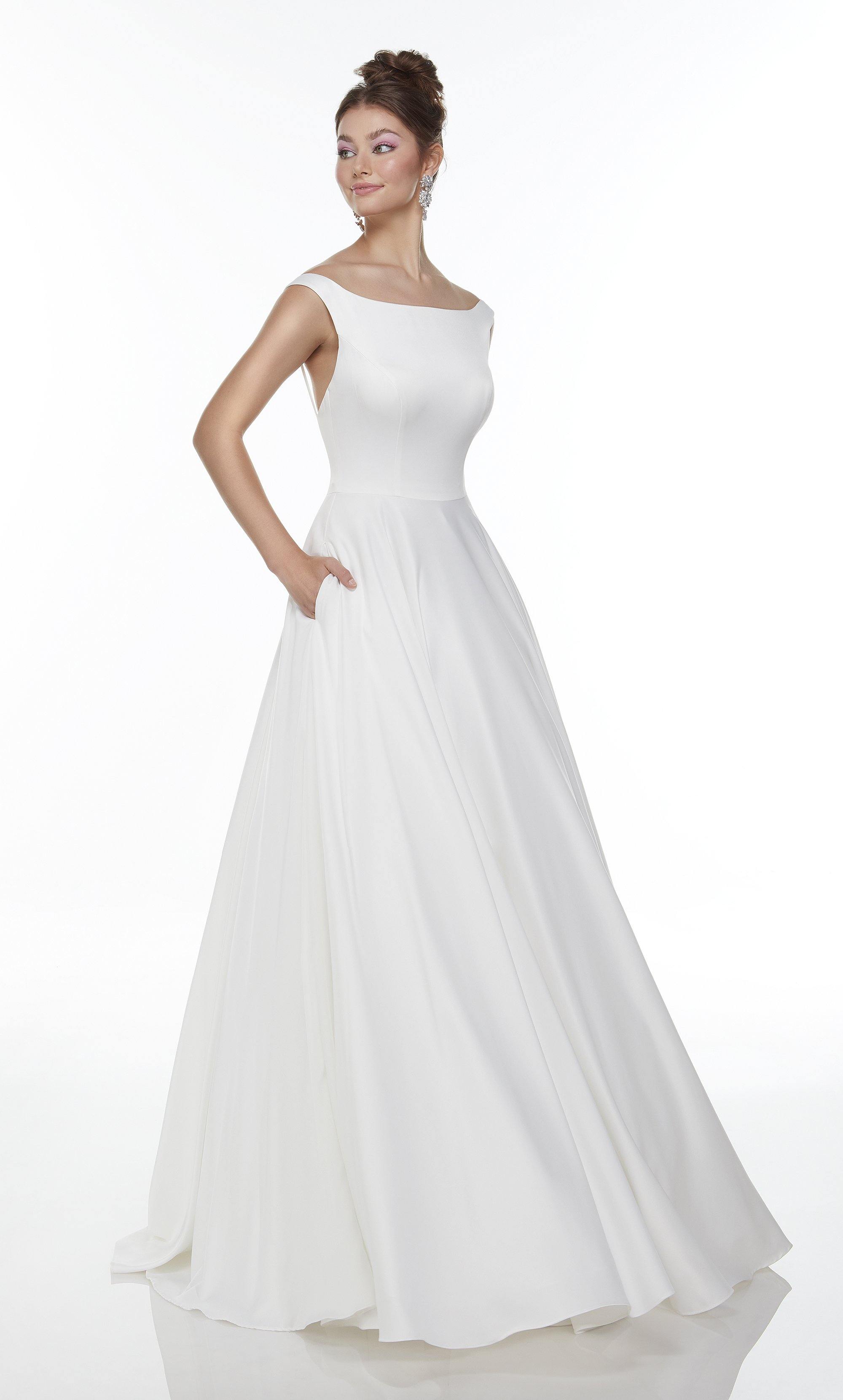 Formal Dress: 7054. Long White A-line Dress, Bateau Neckline, A-line ...
